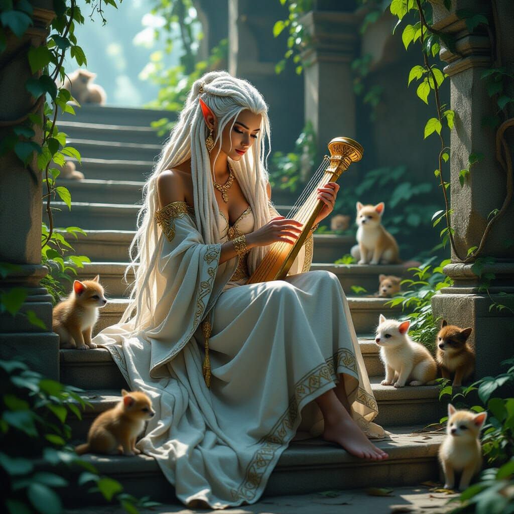 Elf Princess Playing Harp in Post-Apocalyptic Temple