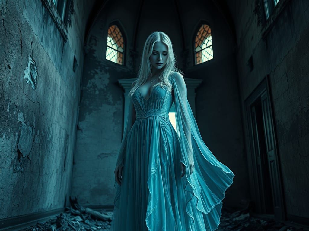 Ethereal Woman in Ruined Mansion, Dystopian Nightmare Apocal...