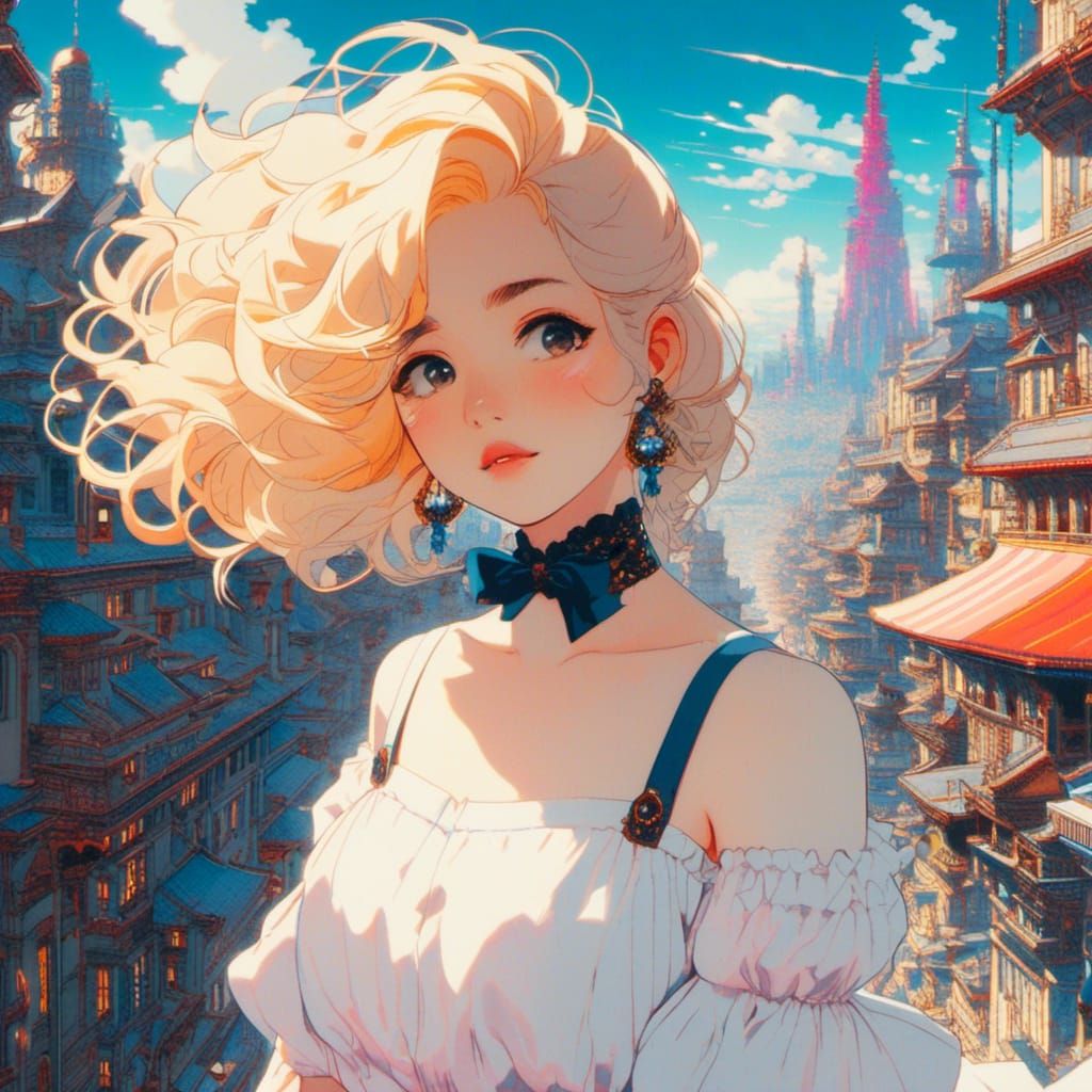 Blonde Girl in Electric Blue Cityscape: Anime Key Visual