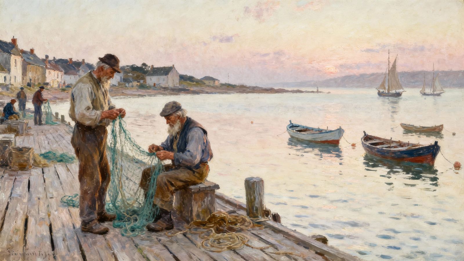 Fishermen Mending Nets at Dawn in Impressionist Style