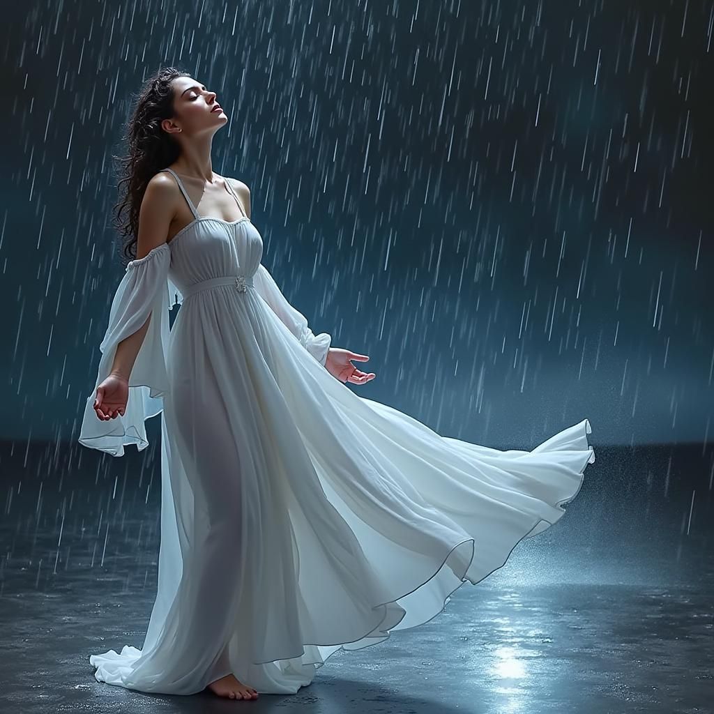 Woman Cleansing Soul in Rain, Dreamlike Scene
