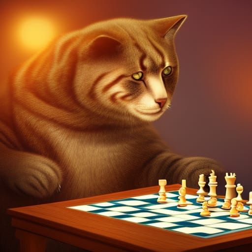 Cat Plays Chess with Bear Doll at Dusk