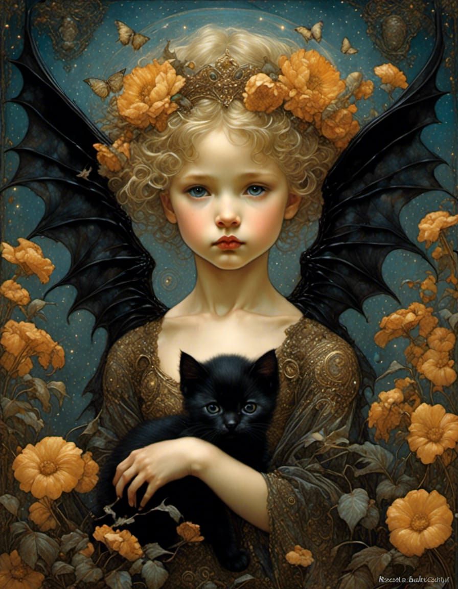 Winged Black Kitten in Fantasy Art Style