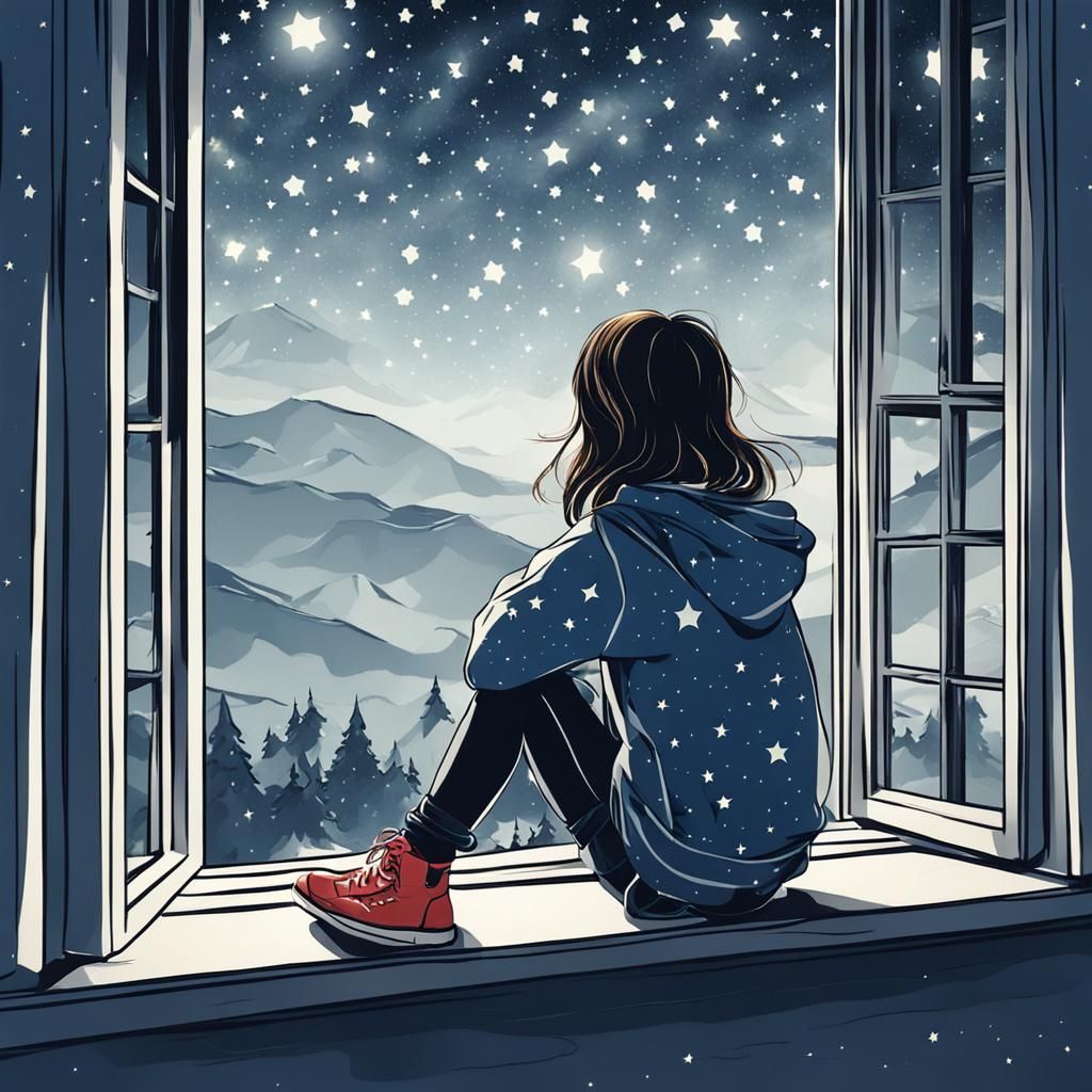 Girl at Window Gazing at Stars
