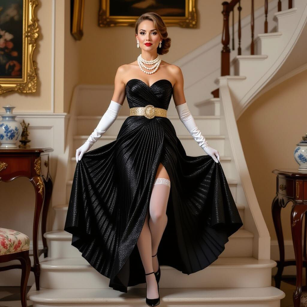 Woman in Black Dress Walking Down Stairs