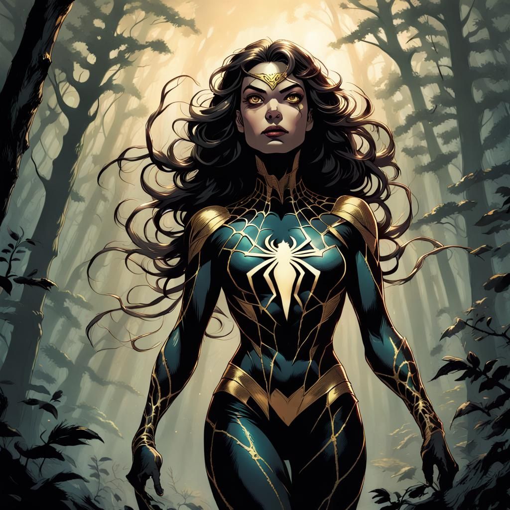 Varicella Spider-Woman in Dark Mystical Forest