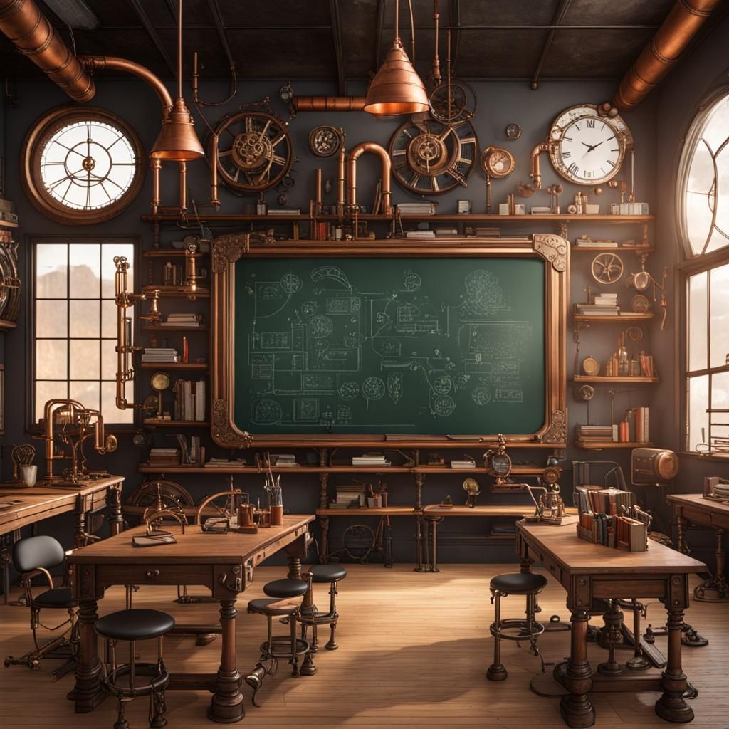 Steampunk classroom with giant chalkboard, fantasy, copper pipes everywhere