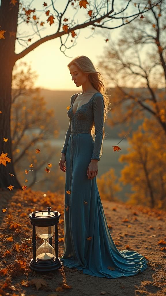 Blue Autumn Leaves and Hourglass in Golden Hour