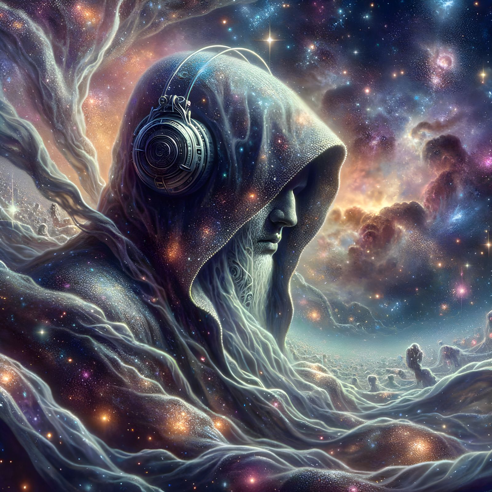Cosmic Hooded Figure Listening to Secrets of the Aeon