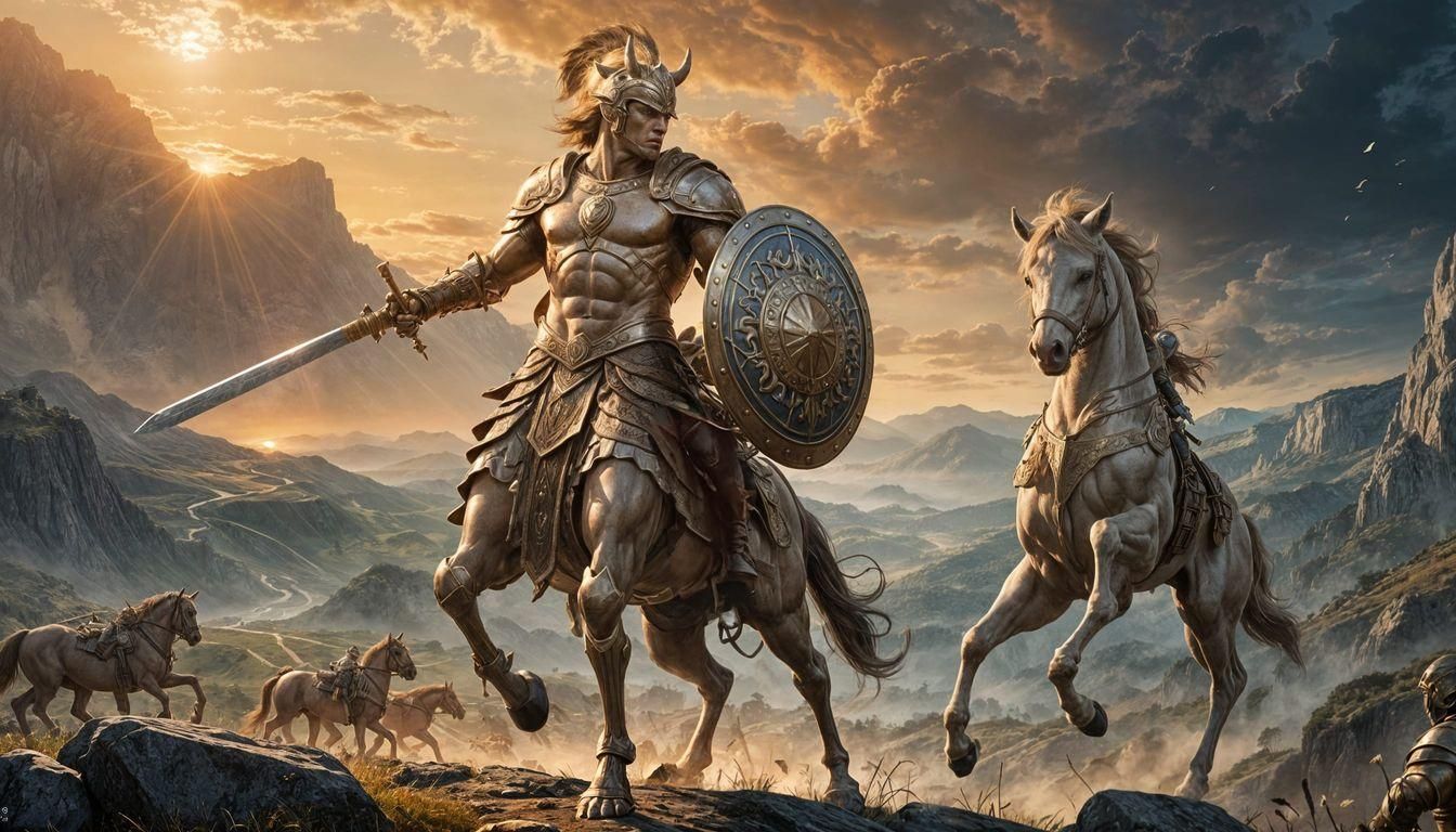 Centaur Warrior Overlooking Battlefield at Dawn