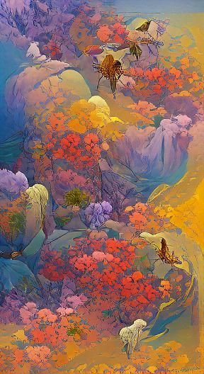 Fantasy Forest of Colorful Flowers in Art Nouveau Style