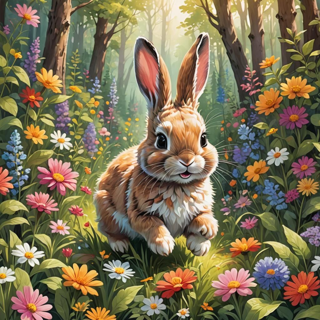 Happy Bunny Hopping in Magical Forest Illustration