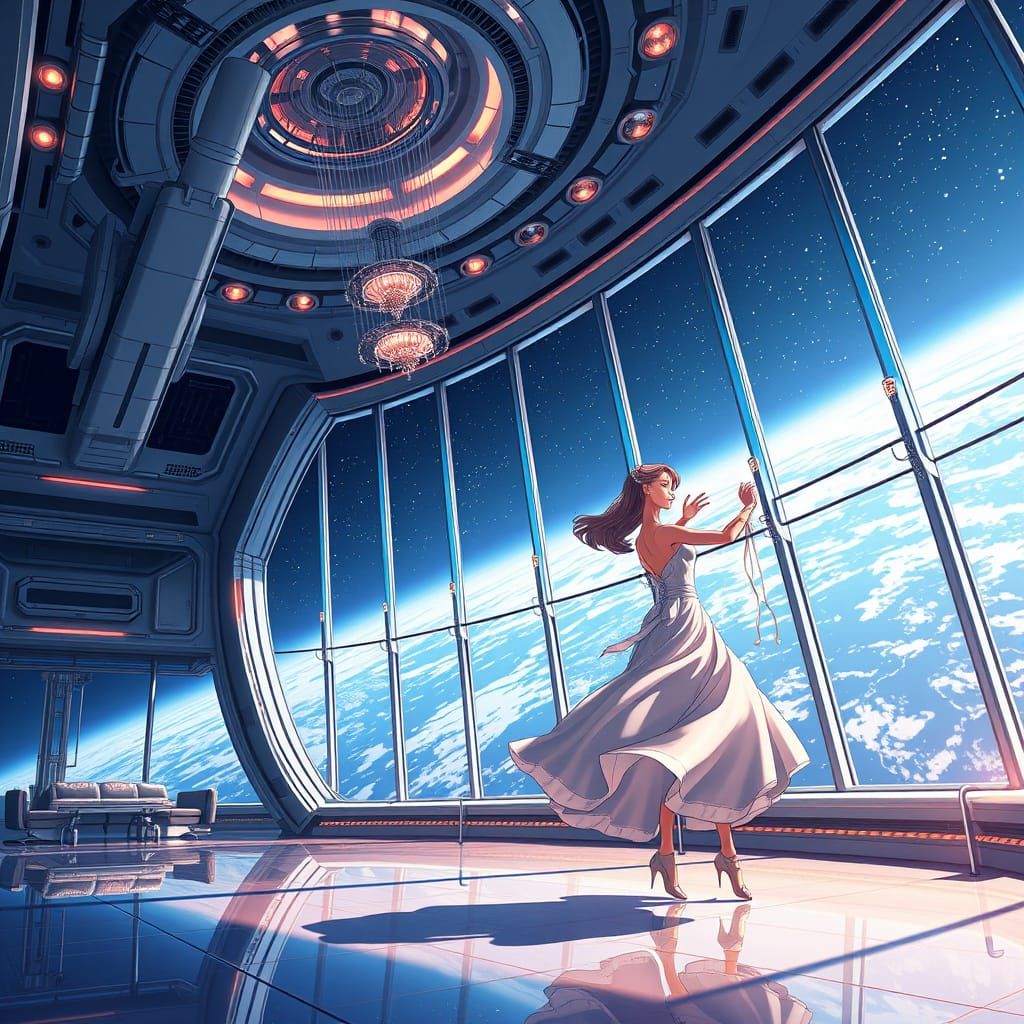 Weightless Ballroom Dance in Space Station in Anime Style