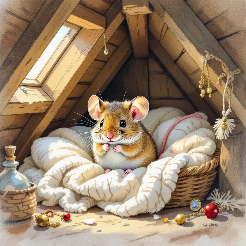 Cozy Attic Mouse in Watercolor Style