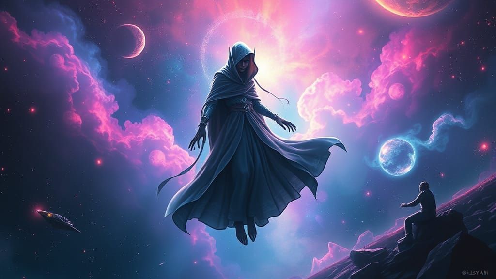 Ethereal Being Floating in Vibrant Nebulae