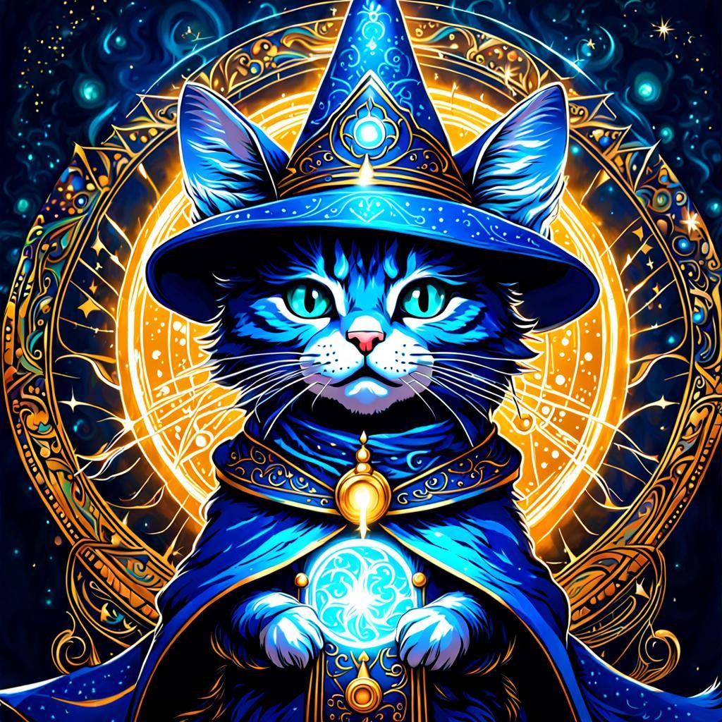 Wizard Cat Summons Electric Energy in Aetherpunk Style
