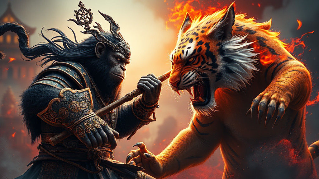 Mythical Showdown: Monkey Deity vs Fiery Tiger Warrior