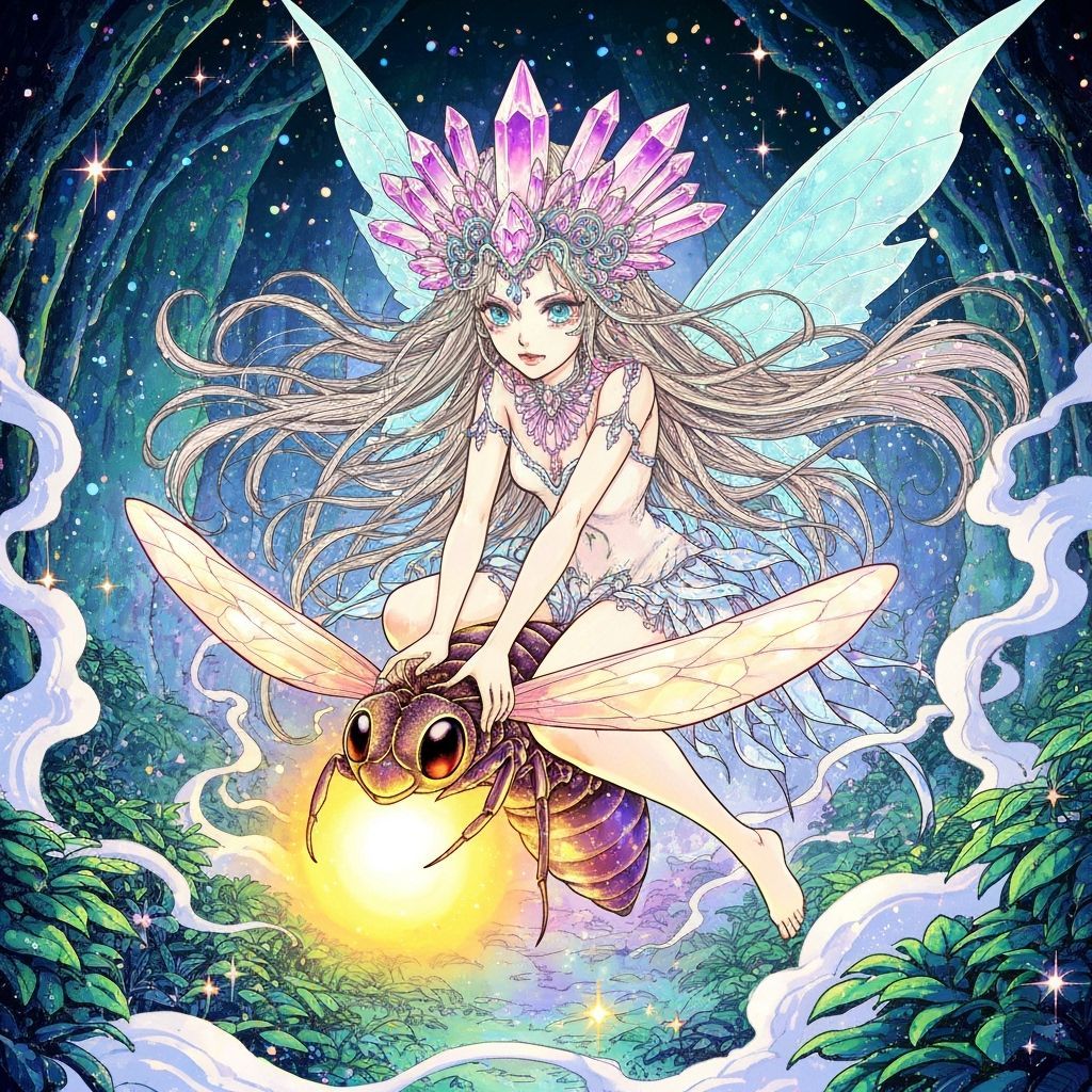 Ethereal Manga Fairy Rides Firefly Through Grotto