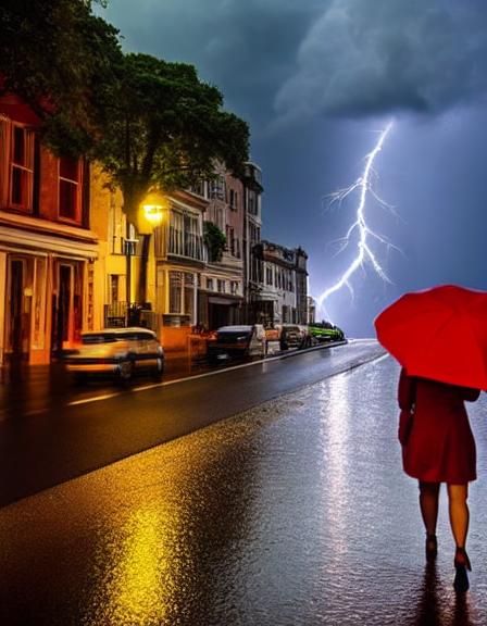 Woman in Red Umbrella Walks Through Thunderstorm