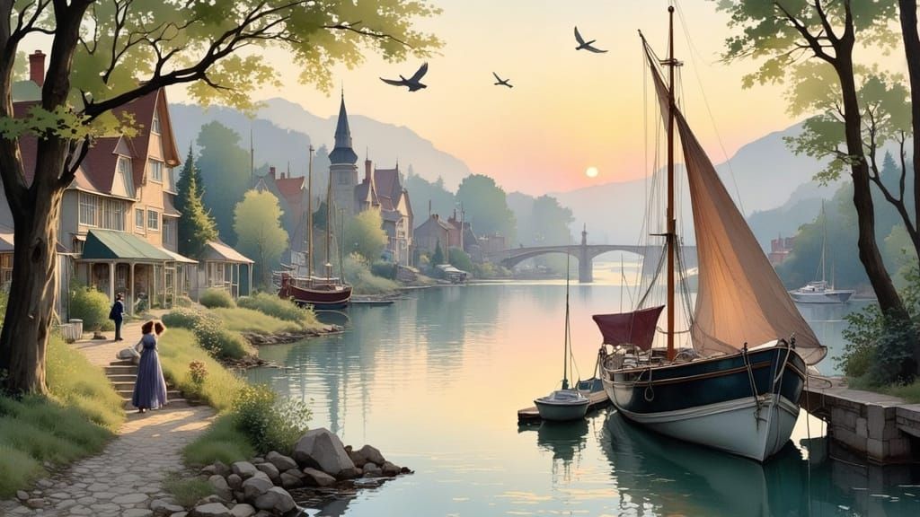 Harbor Town Watercolor in Art Nouveau Style