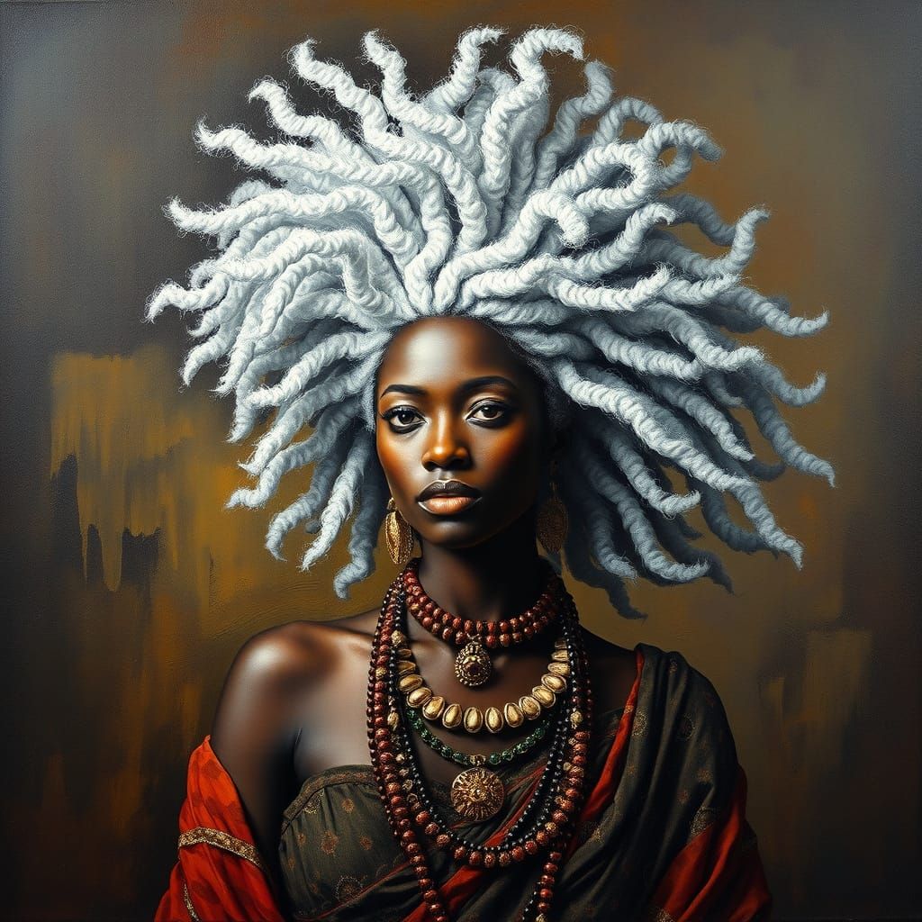 African Witch with Silver Hair in Surrealist Dreamscape
