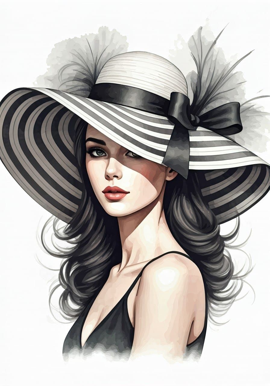 Watercolor Illustration of Woman in Striped Hat