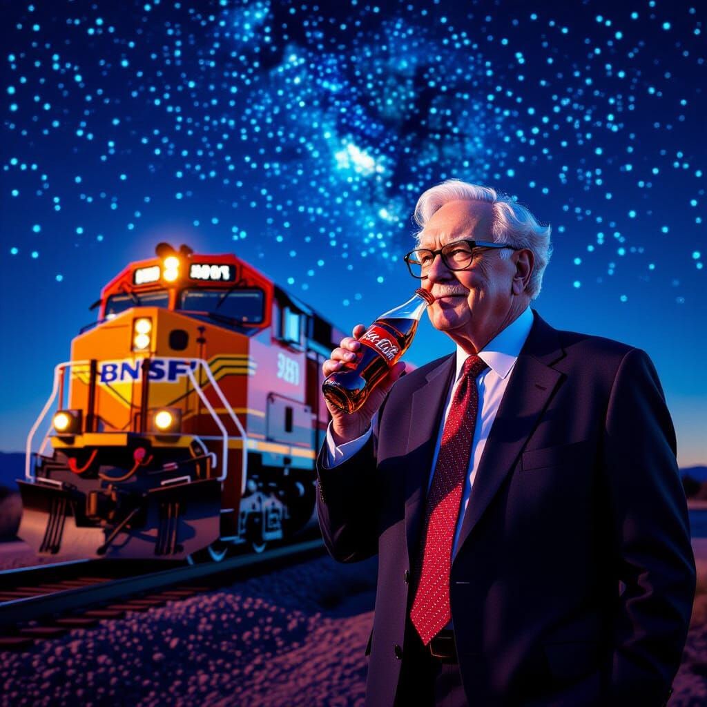 Buffett and BNSF Locomotive in Retro-Futuristic Style