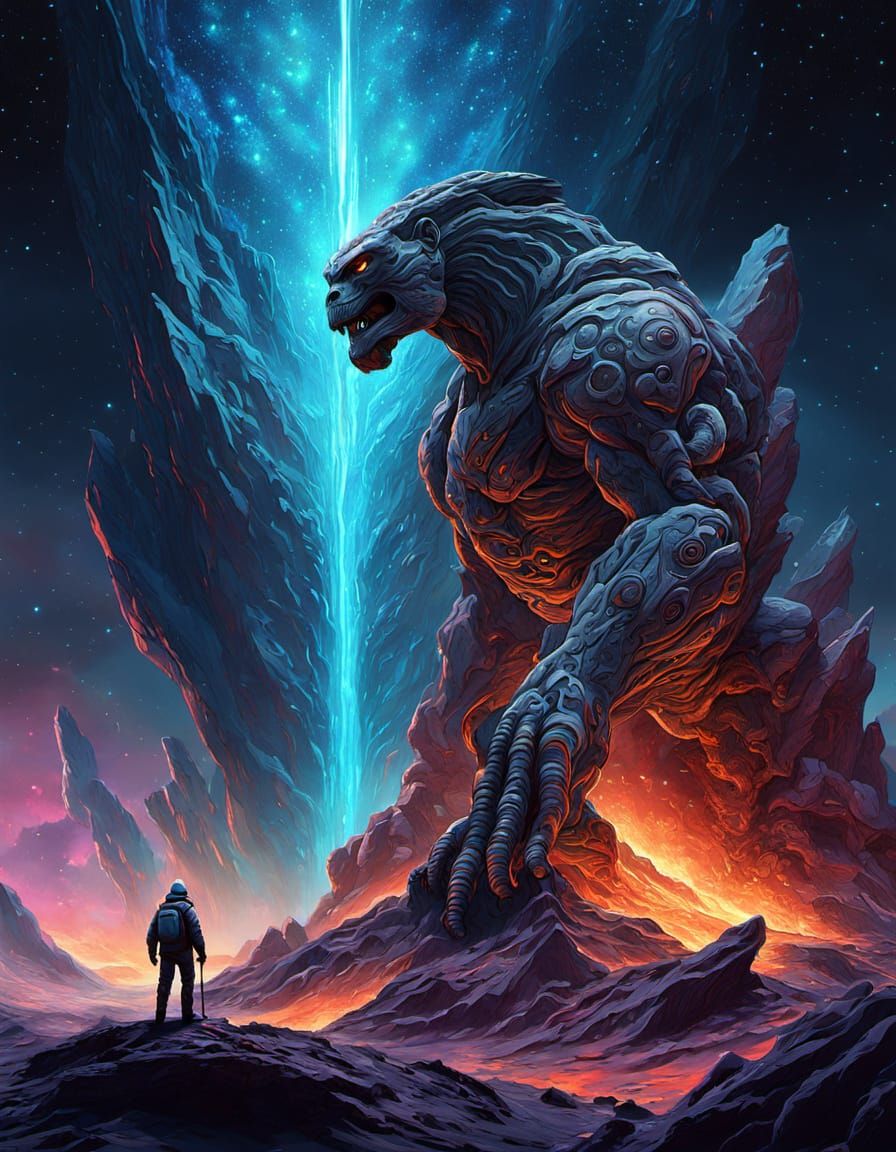 Sculptor Carves Asteroid Statue Amidst Cosmic Nebula