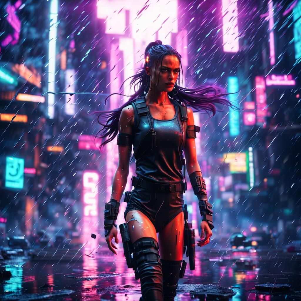 Cyberpunk Razorgirl in Rain, Hyperrealistic 8K