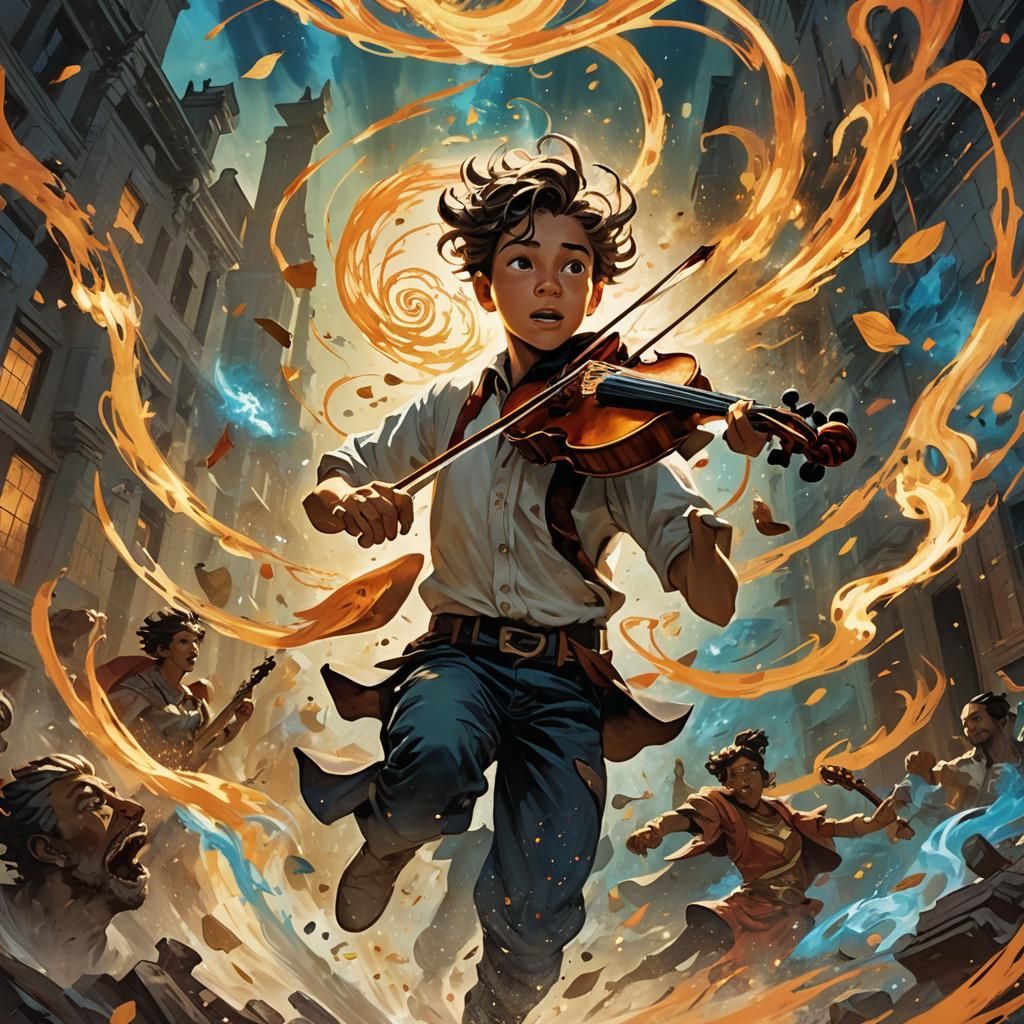 Boy Runs with Apollo's Violin in Comic Art Style