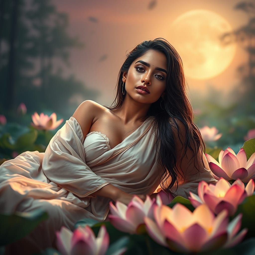 Indian Woman in Moonlit Garden, Hyperrealistic Portrait