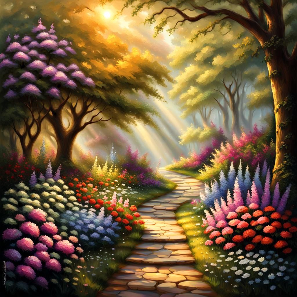 Lush Garden Path in Golden Light, Oil Painting