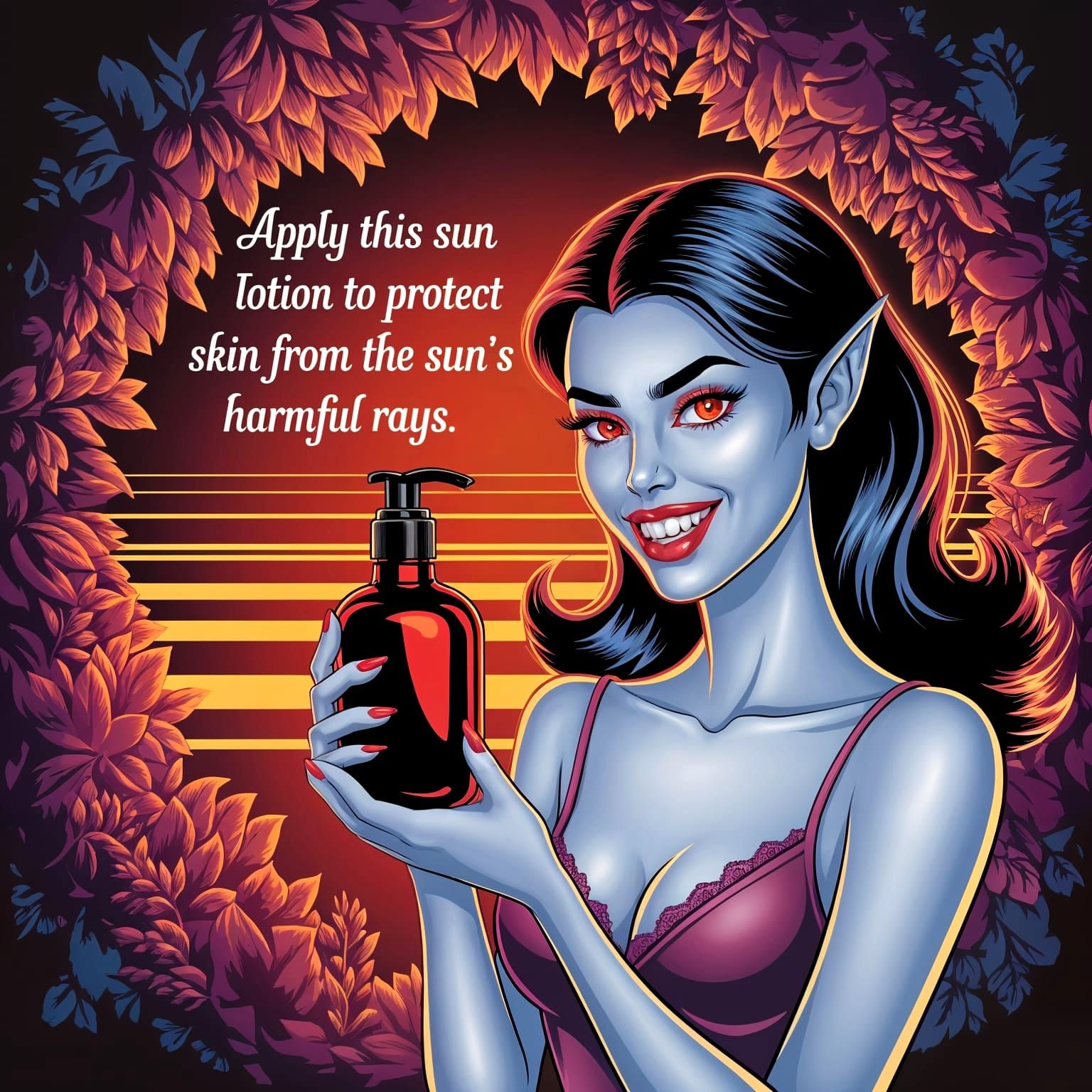 Vampire Goddess Embracing Sunset with Dark Sun Lotion