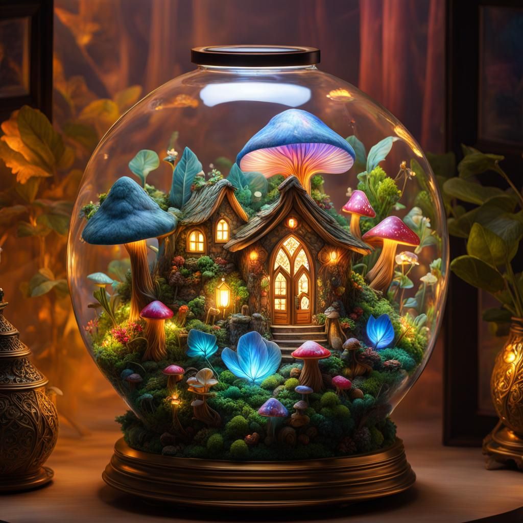 Enchanted Fairy Village in Glass Lamp