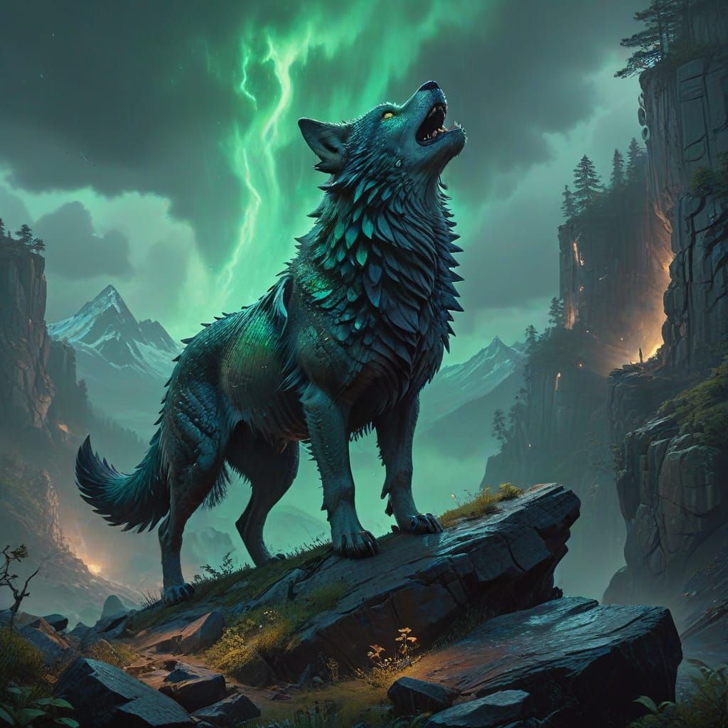 Majestic Wolf Howls Beside Radiant Dragon in Epic Fantasy La...