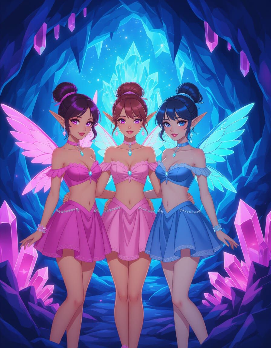 Magical Crystal Cave Scene in Hyperrealistic Anime Style