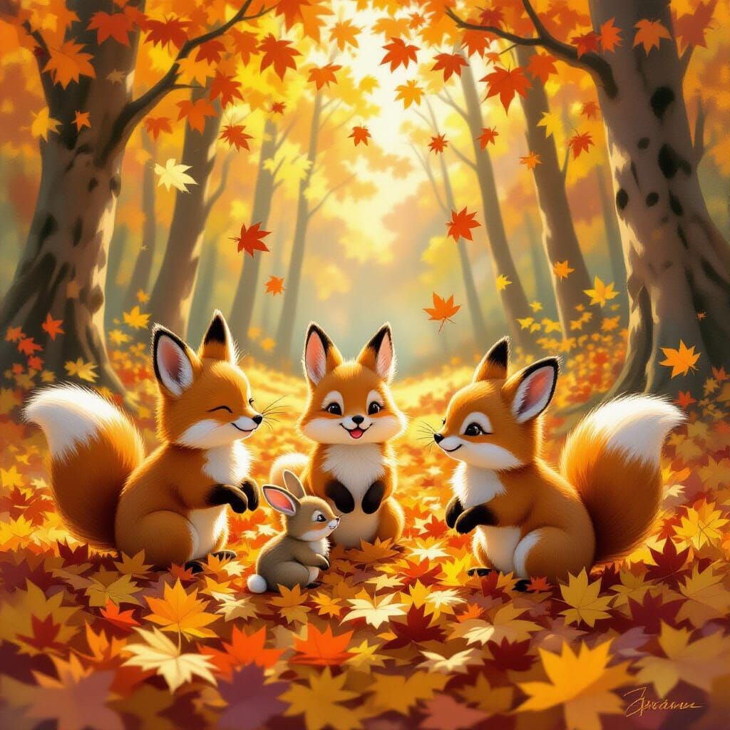 Fluffy Animals Play in Autumn Forest Oil Painting