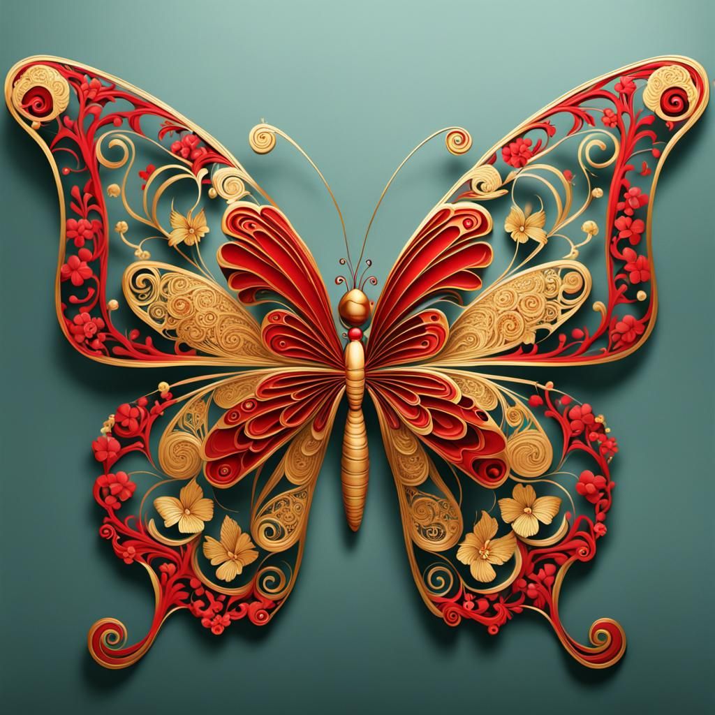 Red and Gold Butterfly with Floral Wing