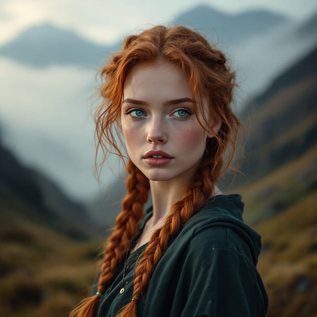 Mystical Irish Goddess with Ginger Braids Amidst Misty Mount...