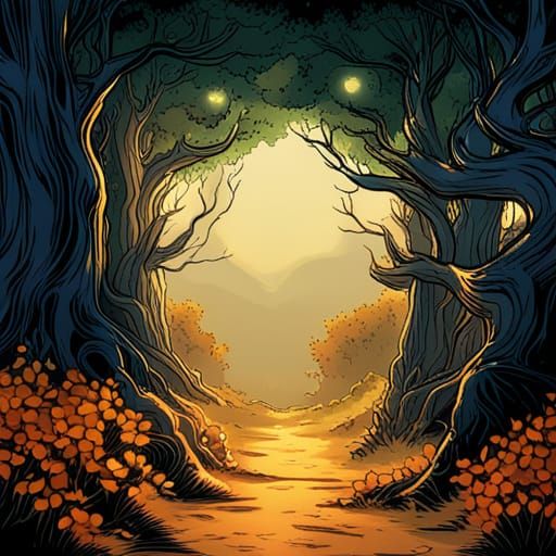 Golden Autumnal Forest Arch in Comic Book Style