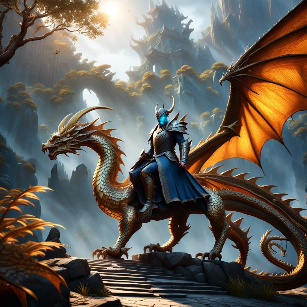 Boy Riding Golden Dragon in Fantasy Landscape