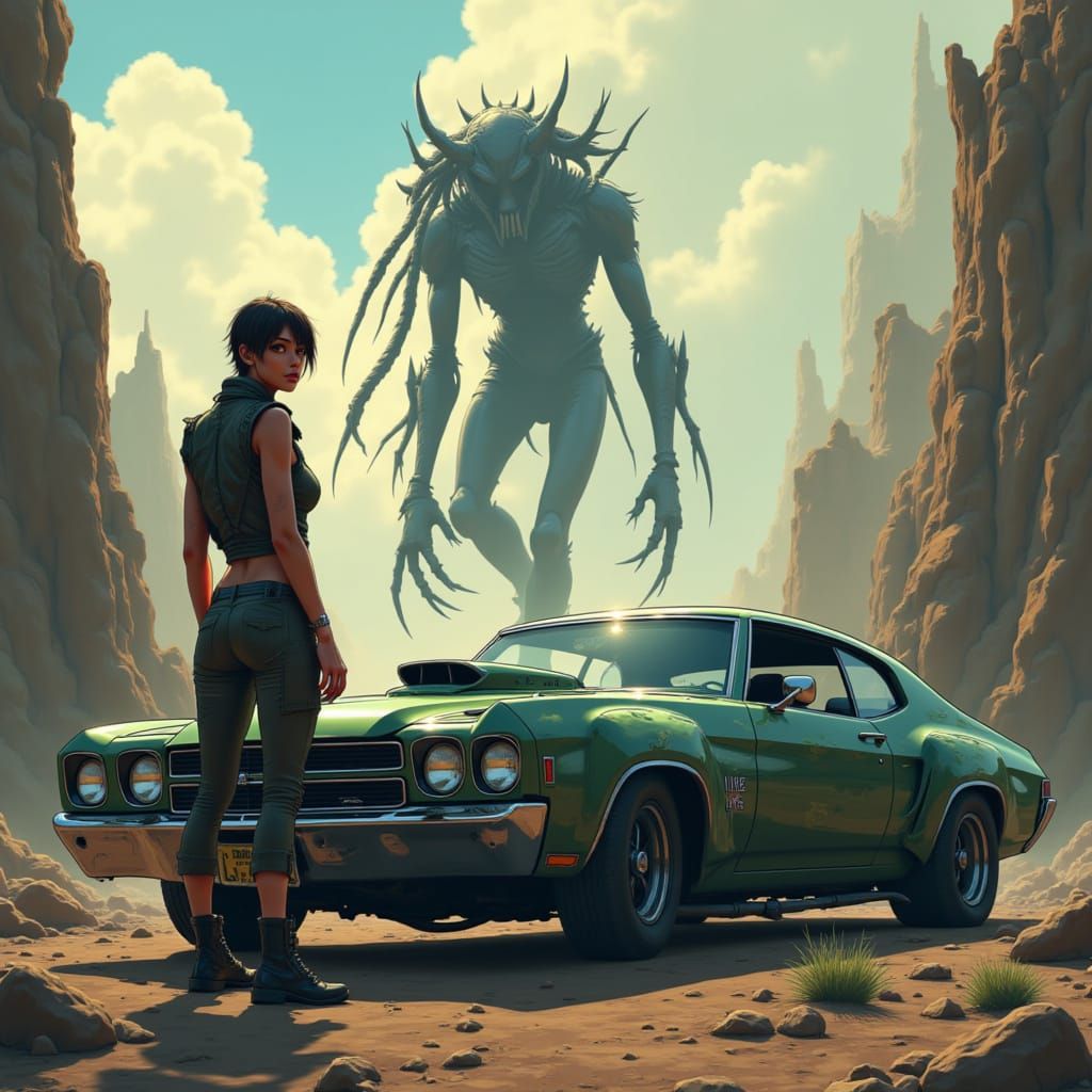 Post-Apocalyptic Woman With Rune Car and Predator