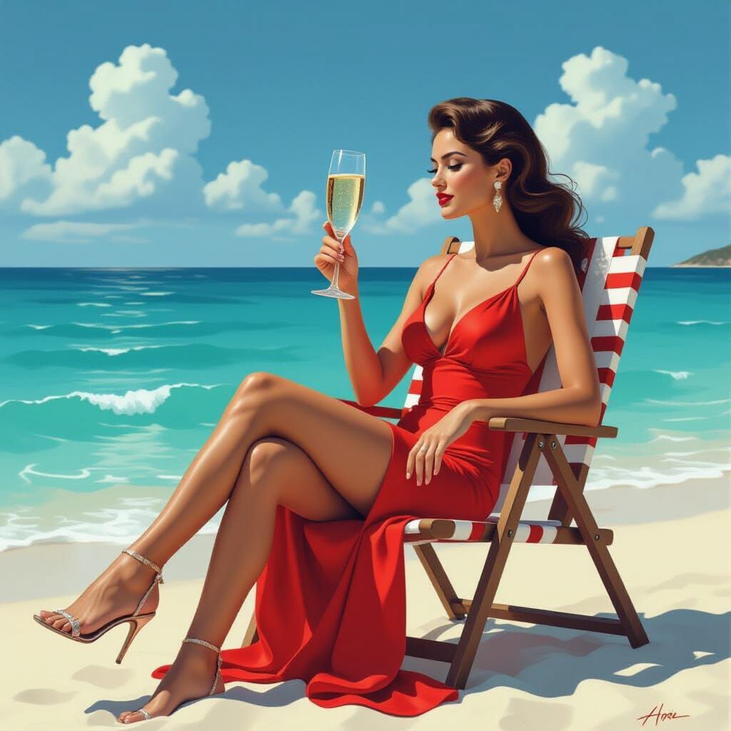Elegant Woman in Red & White Enjoys Champagne by the Sea