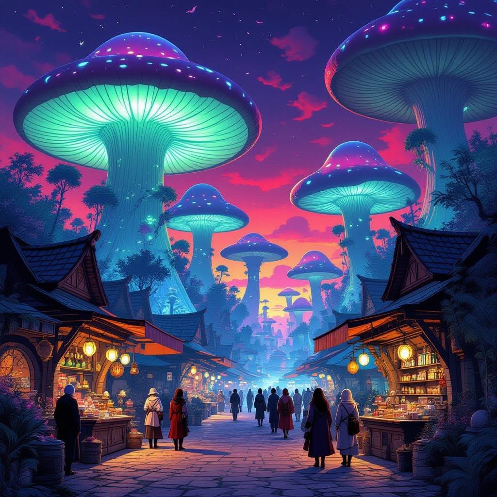 Fantastical Mushroom City Marketplace Under Blood Red Sky