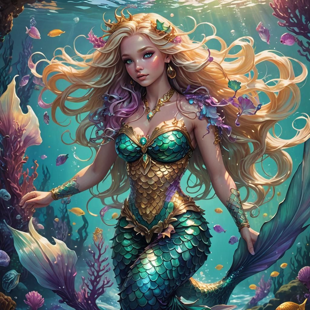 Beautiful Mermaid with Emerald Eyes in Art Nouveau Style
