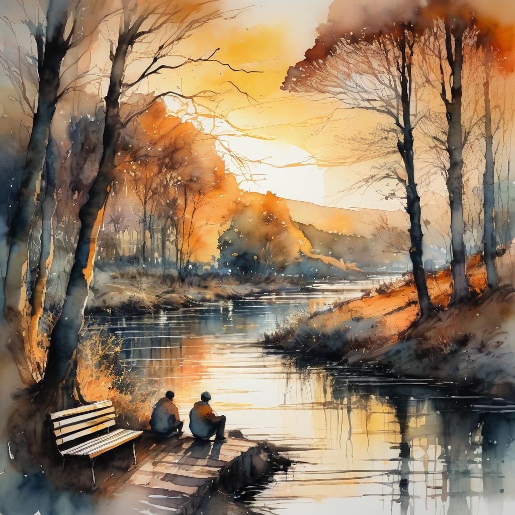 Watercolor Sunset Landscape with Figures and Trees