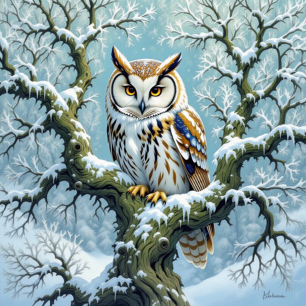 Winter Owl Perched on Olive Tree, Art Nouveau Style