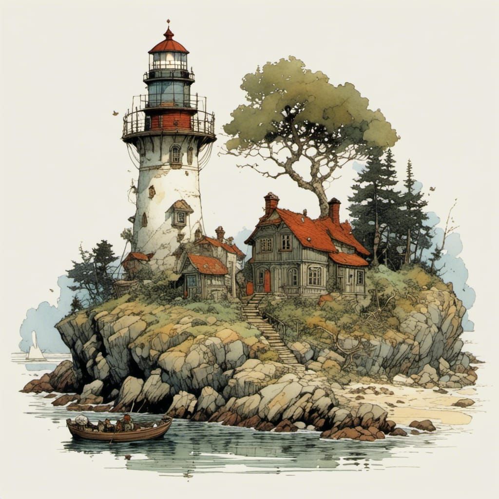 Lighthouse and Cottages in Storybook Illustration Style