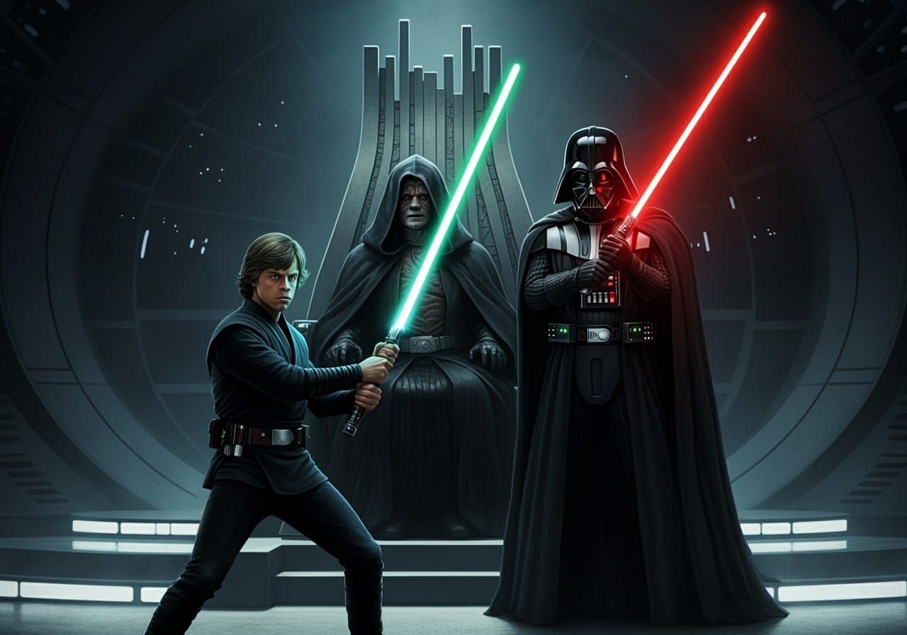 Luke and Vader dueling in front of the Emperor