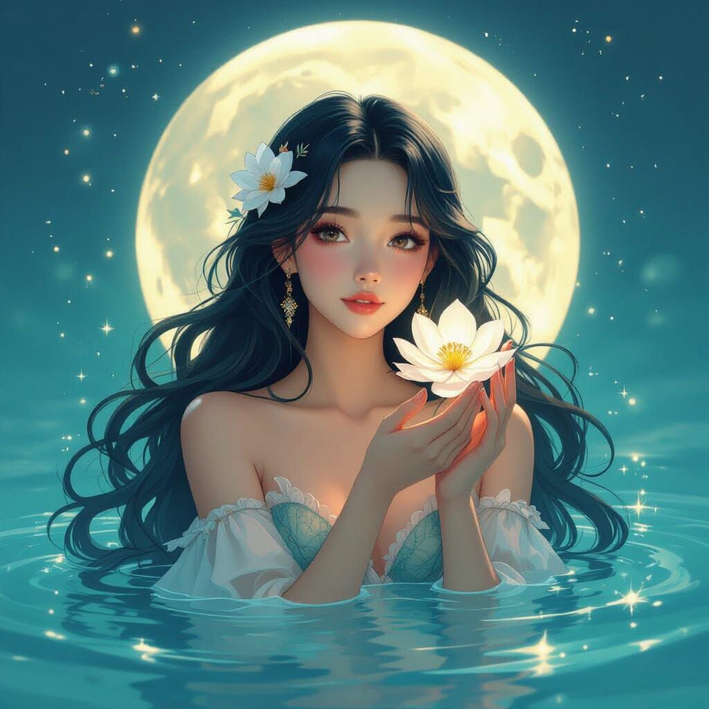 Mermaid Moon Blossom in Ethereal Illustration Style